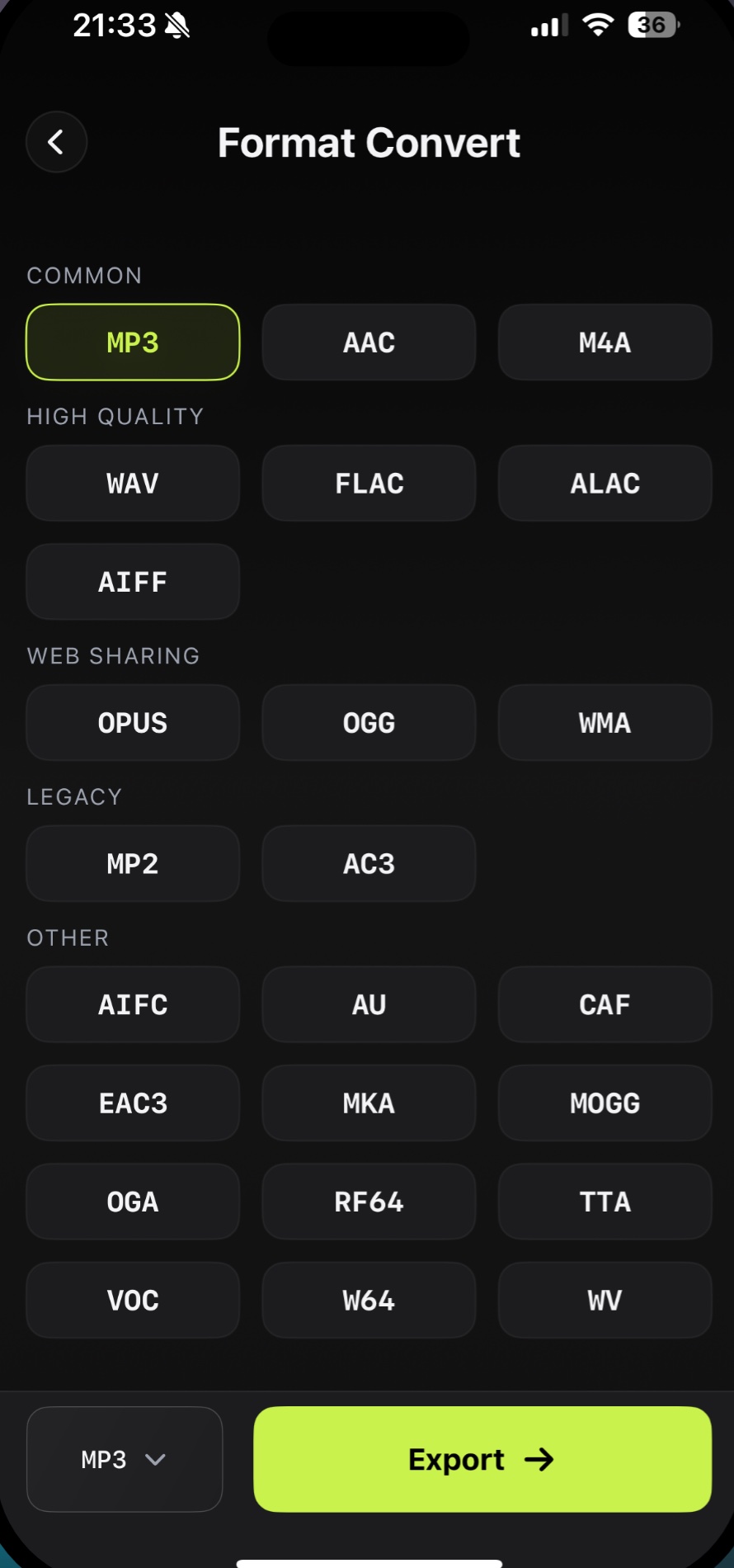 Audio Editor format convert screen with MP3, AAC, M4A, WAV, FLAC, ALAC, OGG, WMA, and other audio formats.