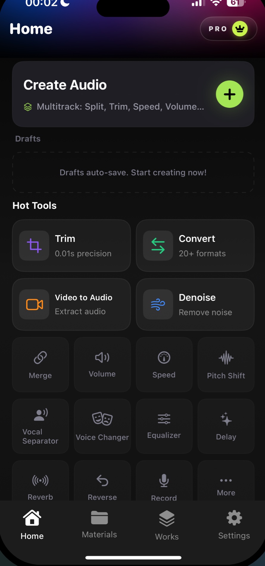 Audio Editor home screen with trim, convert, video to audio, denoise, merge, speed, pitch shift, equalizer, reverb, reverse, and record tools.