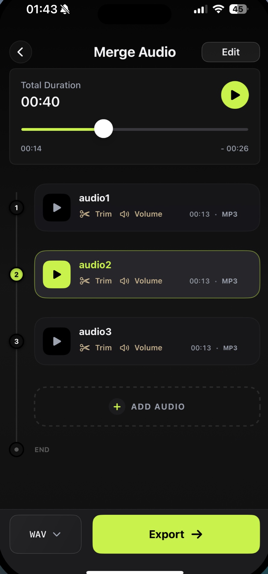 Audio Editor merge screen combining multiple audio files into one export.