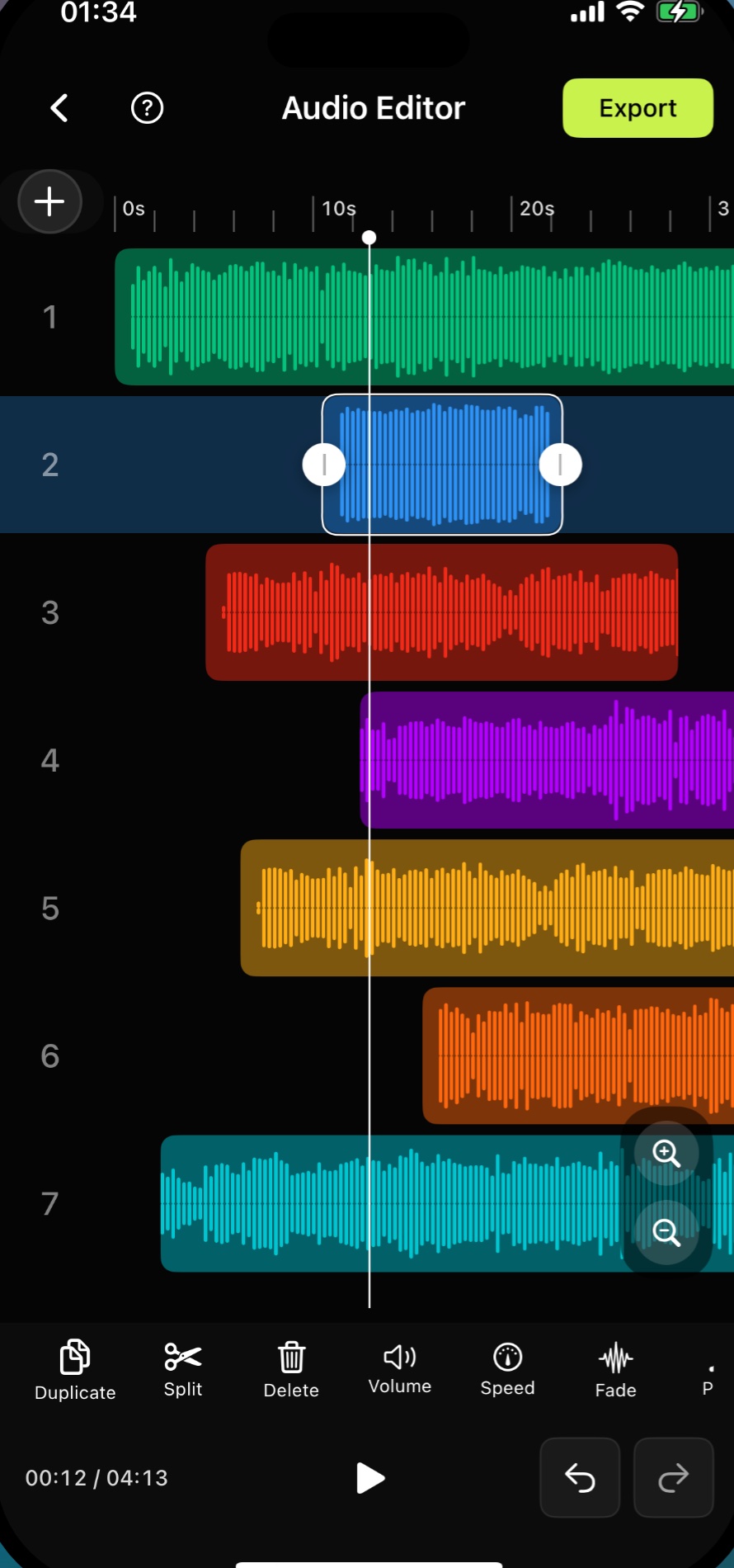 Audio Editor multitrack timeline with colorful audio waveforms and export controls.