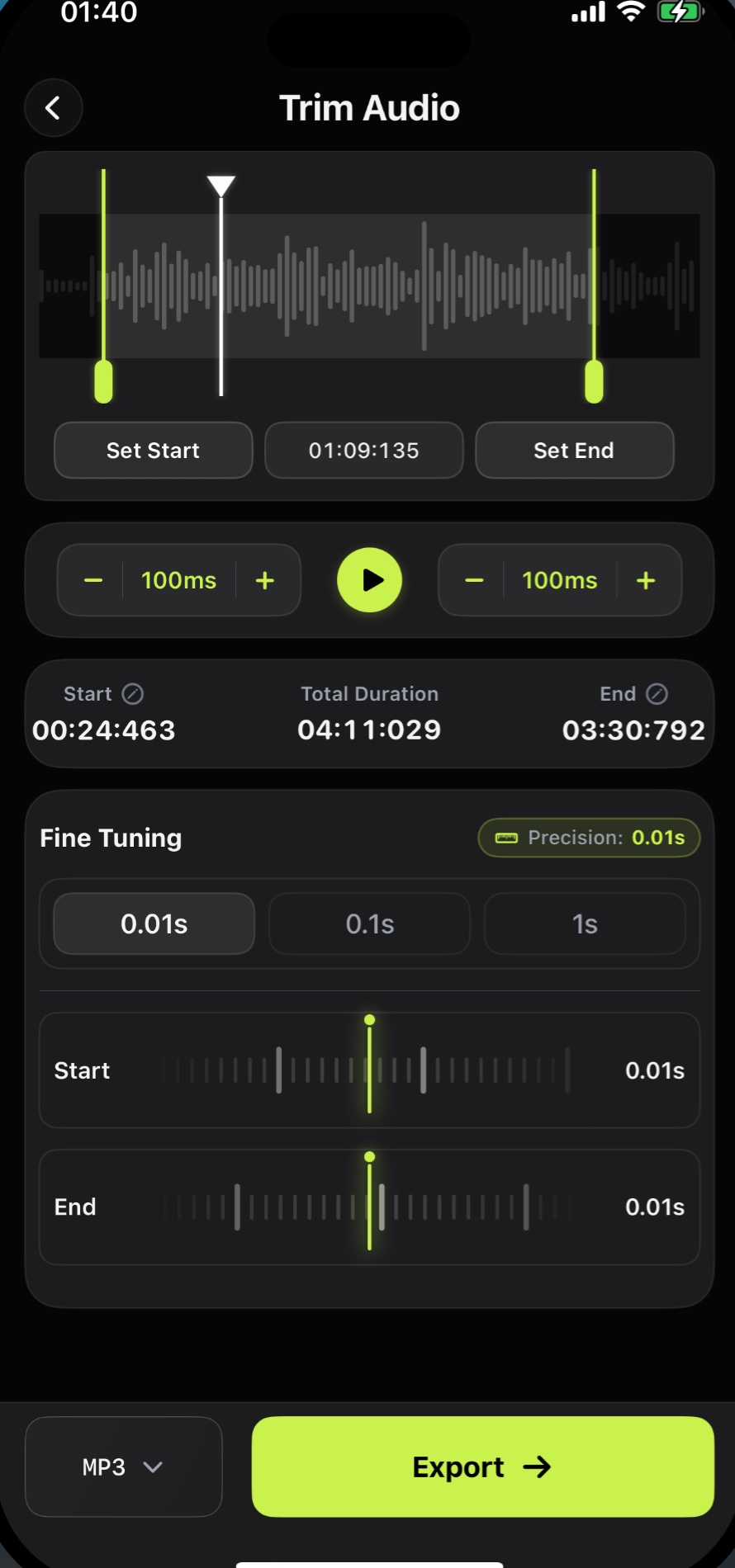 Audio Editor trim screen with waveform handles, 0.01 second fine tuning, and export controls.